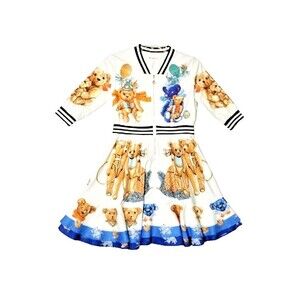 LIANG DIAN YI ZU White Colorful Teddy Bear Skater Shirt Dress Large Knee Length